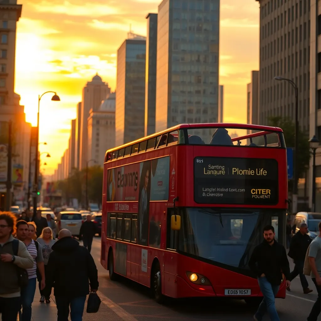 Sunset Double-Decker Bus in City