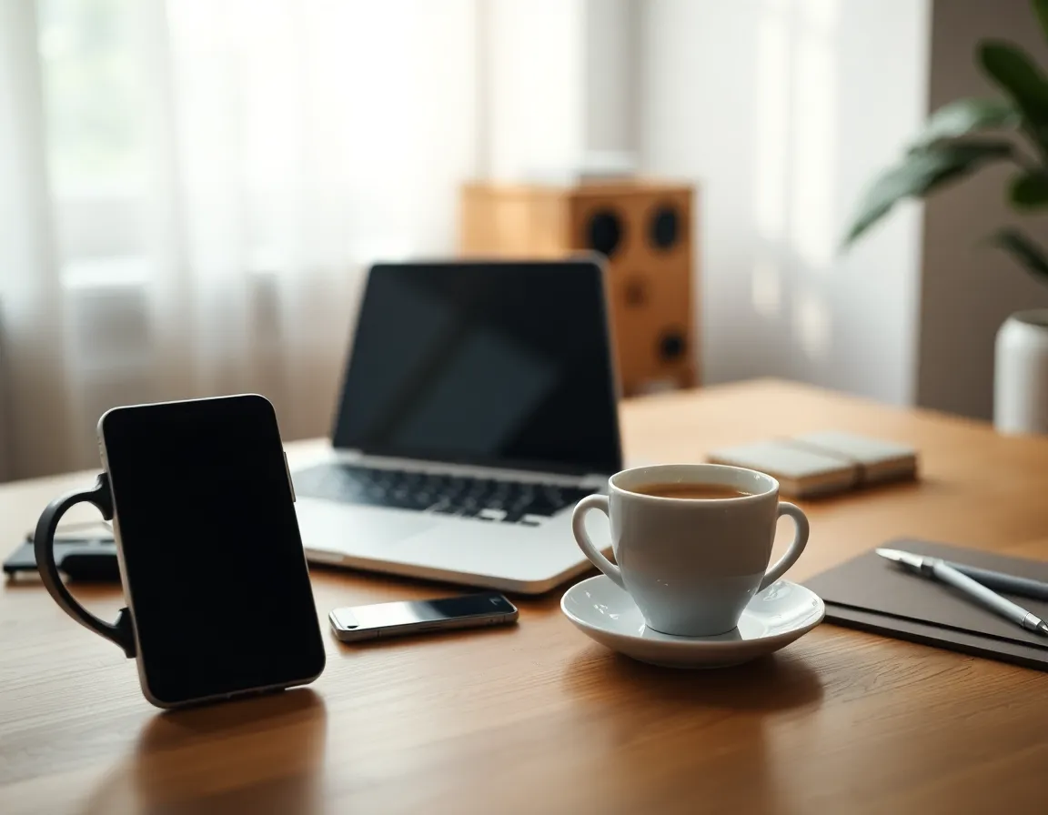 Modern Desk Setup with Laptop and Coffee
