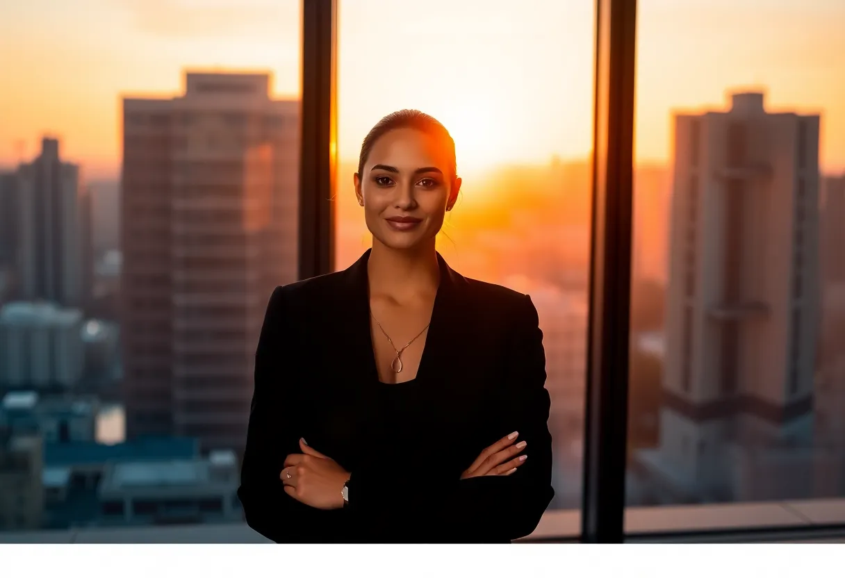 Confident Businesswoman Against City Skyline