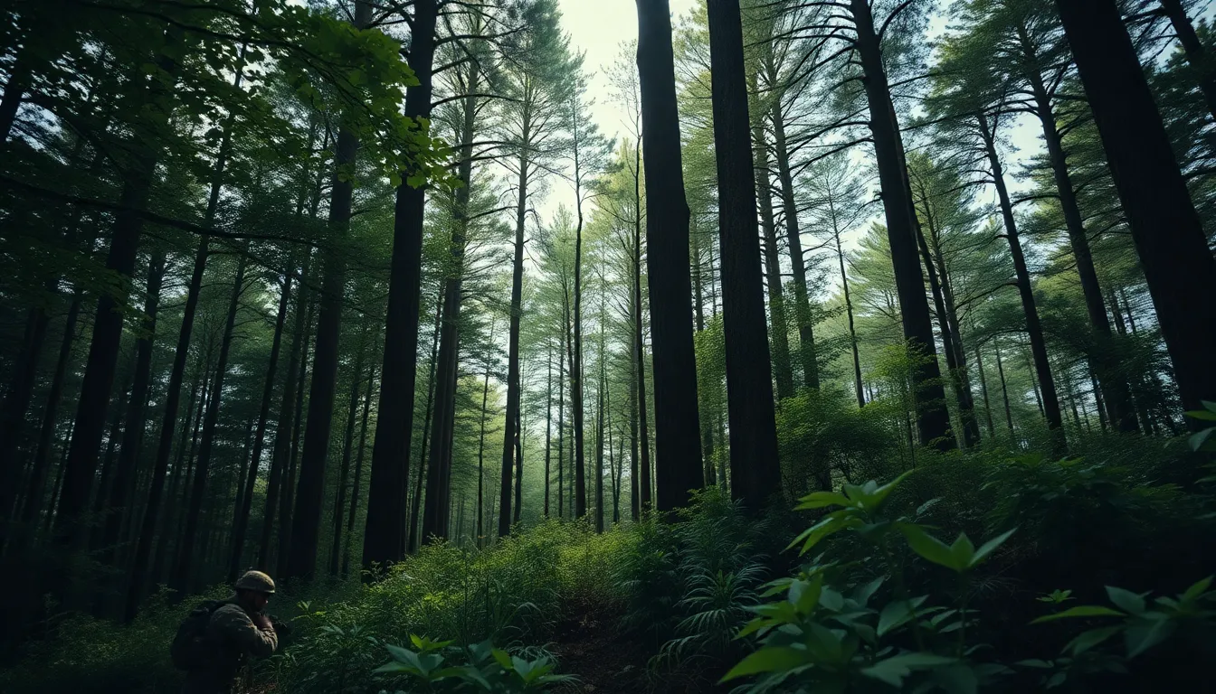 In a thick forest under an overcast sky, a soldier in full camouflage blends seamlessly with the lush greenery. The dramatic lighting creates a play of soft shadows and highlights, emphasizing the soldier's tactical position. Saturated colors enrich the scene, highlighting the depth of the environment while maintaining a focused perspective on the hidden figure. This image evokes a sense of stealth and immersion in nature.