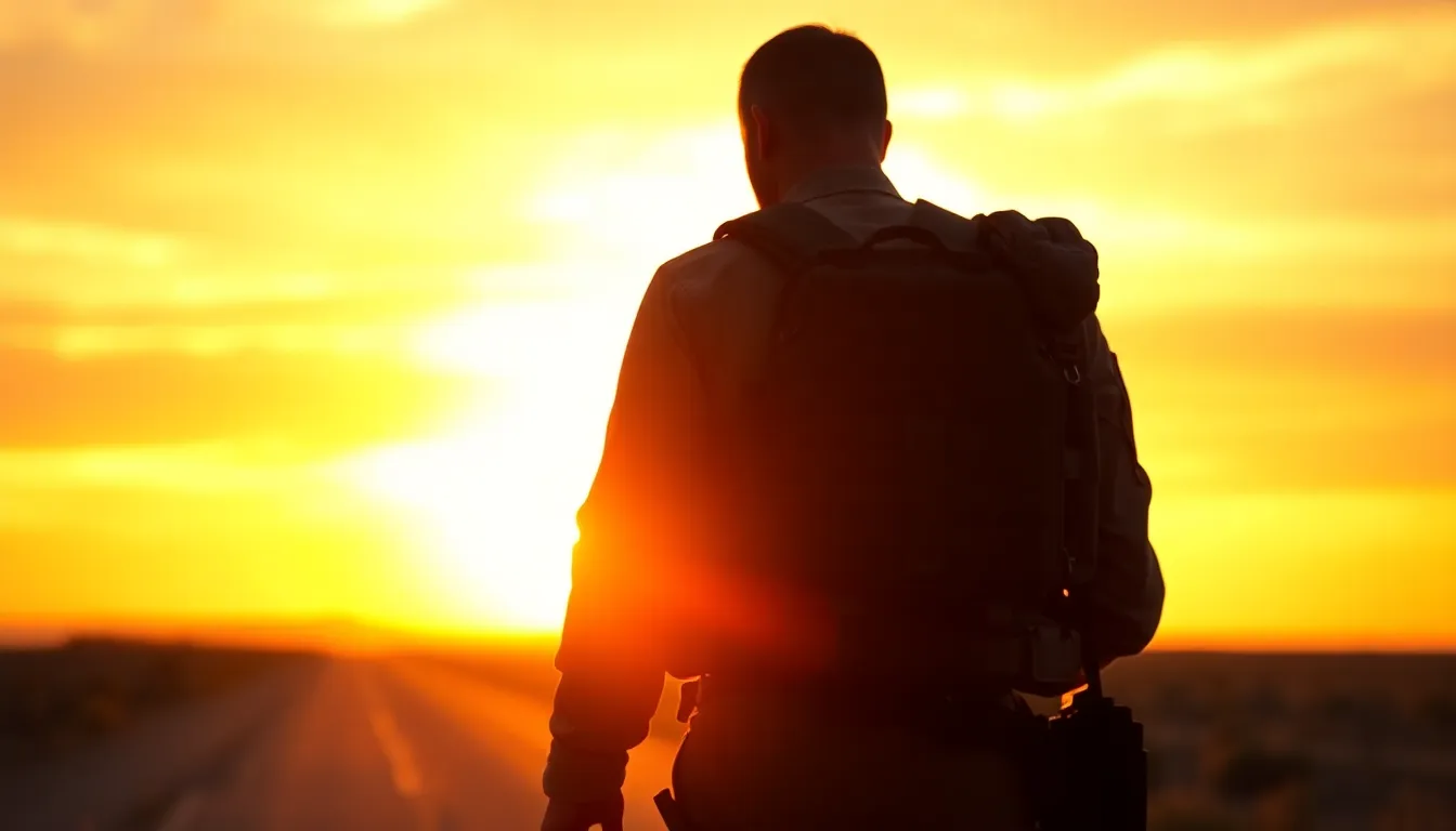 In this dynamic image, a tactical soldier stands confidently on a pathway during golden hour, silhouetted against an expansive sunset sky. The warm light creates a striking halo effect around the figure, adding depth to the scene. Rich oranges and deep shadows enhance the dramatic atmosphere, while the leading lines draw the viewer’s attention to the soldier's intricate gear details. This composition encapsulates the essence of military readiness in a visually captivating manner.