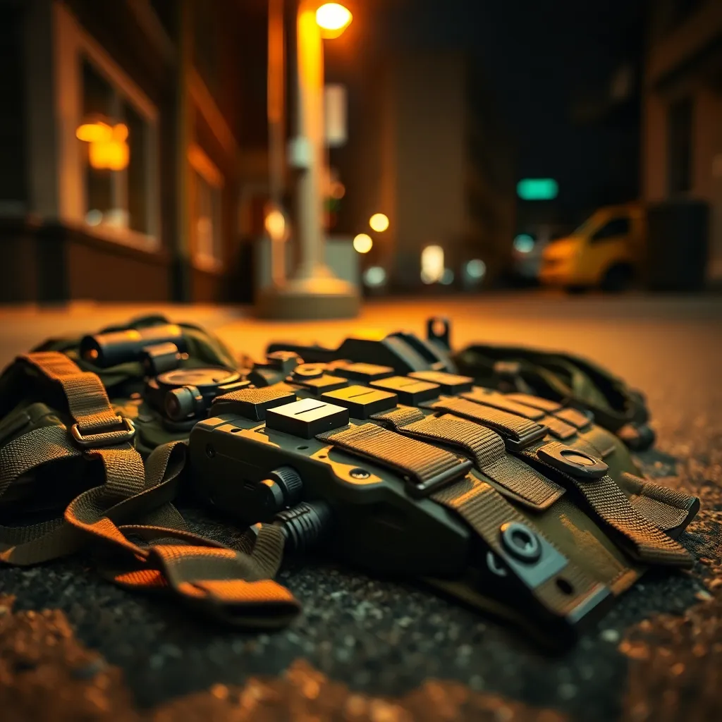 Close-Up of Tactical Military Gear An intimate close-up view of various pieces of tactical military gear arranged on an urban surface, illuminated by warm tungsten light. The image showcases the intricate textures of the gear, from the rugged fabrics to the metallic components, with selective focus enhancing the details. The muted green and brown color palette evokes a sense of utility and readiness, and the centered composition draws attention to the items, inviting the viewer to explore the various elements of military equipment.