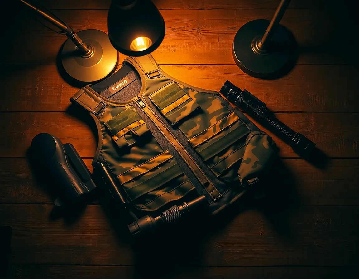 An overhead view of tactical gear elegantly arranged on a rugged wooden table, illuminated by warm tungsten lighting. The gear, including a camouflage vest and metal flashlight, features rich textures that invite scrutiny. This thoughtfully composed scene balances functionality with aesthetic, creating a warm atmosphere that contrasts the seriousness of military preparedness. The warm tones and meticulous arrangement emphasize the importance of each item.