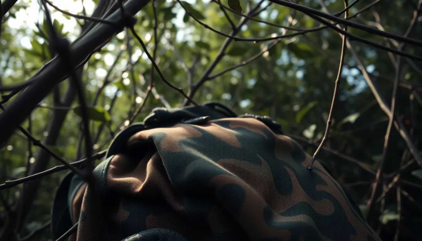 This image showcases a soldier in full camouflage gear, seamlessly blended into a dense forest environment. The play of diffused daylight filtering through the leaves highlights the textures of the gear, while the subject's focused expression conveys a sense of purpose. The muted color palette enhances the natural setting, creating a harmonious blend of man and nature. The shallow depth of field draws attention to the soldier, emphasizing the intricate details of the camouflage.
