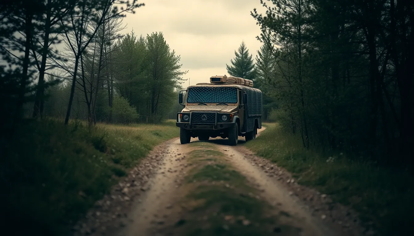 An armored tactical vehicle, draped in camouflage netting, sits quietly on a dirt path flanked by dense forest. The scene, under a cloudy sky, adds a muted atmosphere, emphasizing the vehicle's subtle hues against the greens and browns of nature. Sharp details of the vehicle contrast with the soft background, creating a still yet dynamic military narrative.