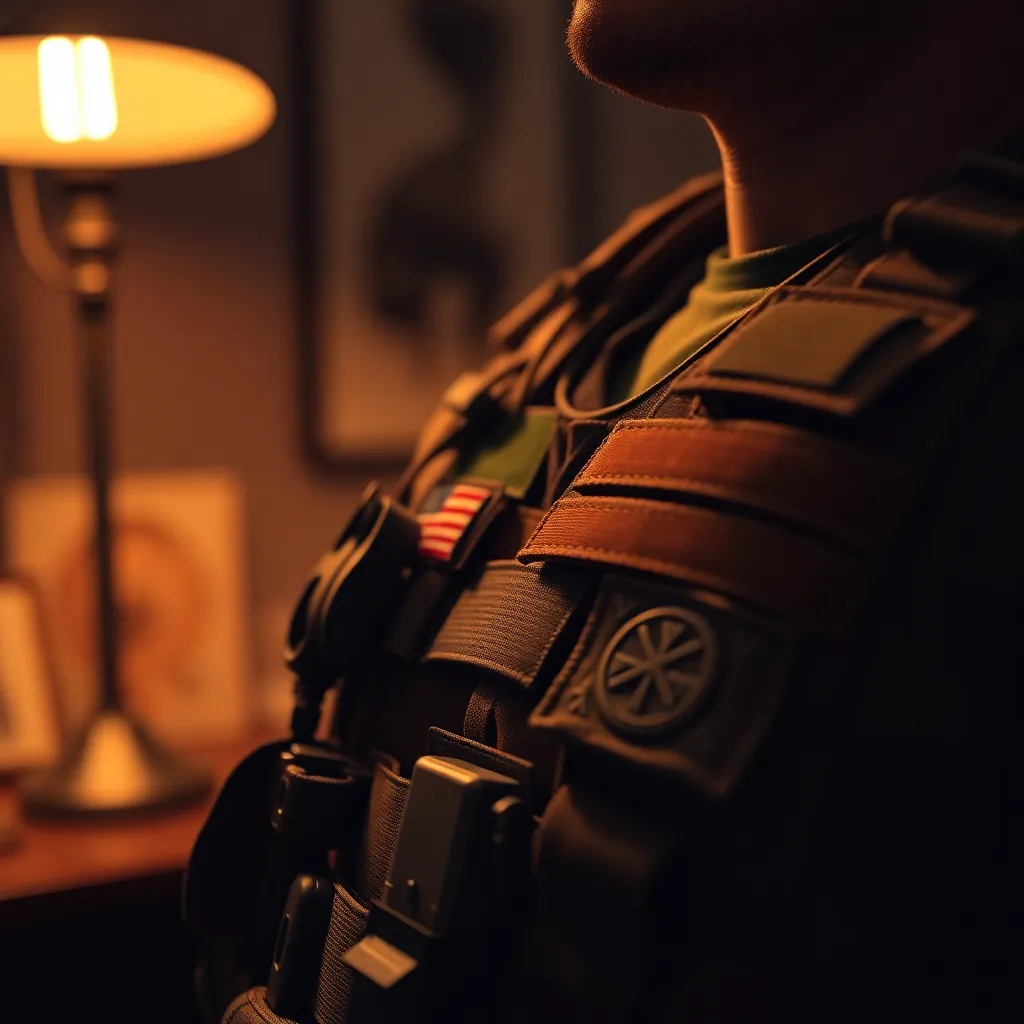 Detailed Close-Up of Tactical Vest A detailed macro shot of a soldier's tactical vest, featuring various patches and gear against a softly lit background. The warm tungsten light accentuates the textures of the vest, with a shallow depth of field focusing on the intricate details of the patches. Rich browns and muted greens dominate the color palette, creating a sense of strength and functionality. This close-up composition allows viewers to appreciate the complexity and utility of military gear.