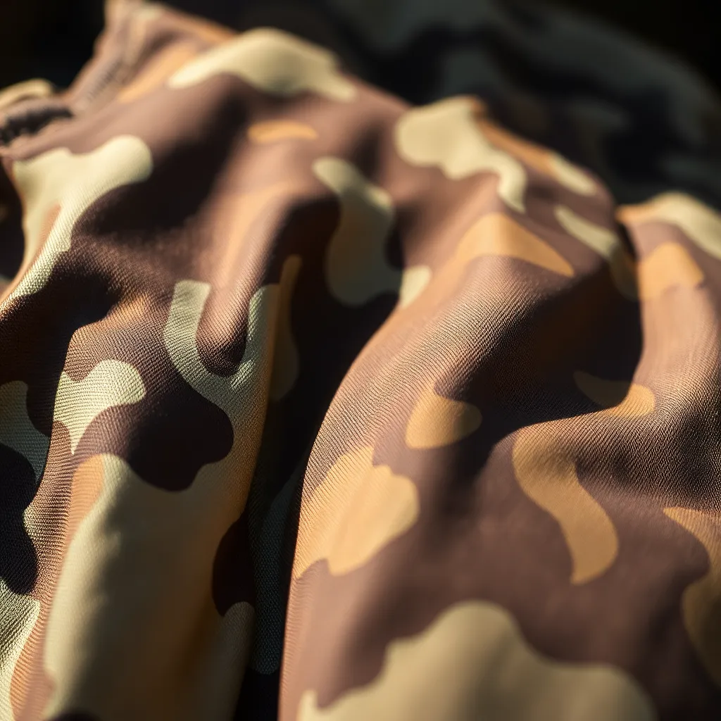 A stunning close-up of camouflage fabric showcasing intricate patterns and textures, captured in bright afternoon sunlight. Natural muted tones enhance the material's practical design, making it ideal for various military applications. The photograph's vibrant colors and sharp detail invite viewers to appreciate the functional beauty of military gear. This image speaks to the careful craftsmanship and technology behind modern camouflage fabrics.