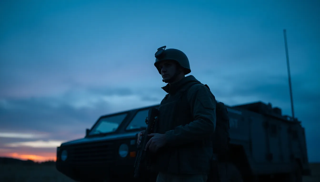 This stunning image captures a military drone soaring over rugged mountainous terrain as dusk settles in. The twilight softens the landscape, with a gradient of blues and purples creating a serene atmosphere. The drone stands out against this backdrop, its silhouette sharply defined. A thoughtful composition uses the rule of thirds, placing the drone prominently in the frame while showcasing the majestic mountains below.