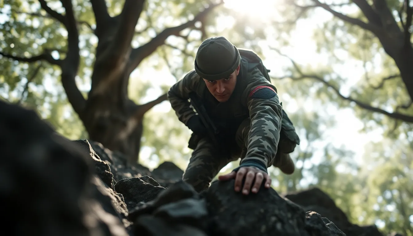 A soldier in tactical camouflage climbs a rocky terrain, illuminated by dappled sunlight filtering through trees. His intense focus and determination are captured in sharp detail, with the surrounding natural environment blurring into soft bokeh. The earthy color palette of greens and browns adds realism to the scene, enhancing the connection between man and nature. The leading lines of the rocks guide the viewer’s eye, creating a dynamic sense of movement.