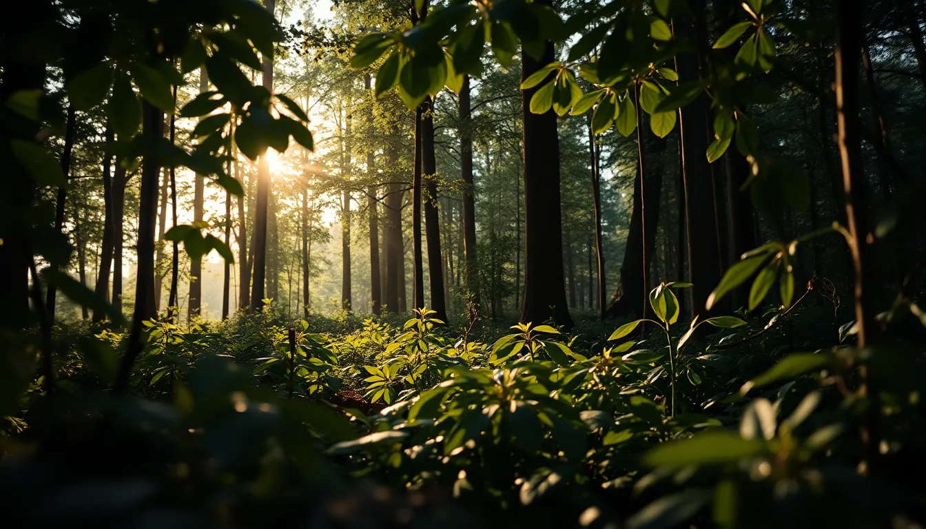 In a dense forest, a concealed soldier blends into the lush greenery, showcasing their effective camouflage design. Morning light filters through the canopy, creating a magical atmosphere filled with soft reflections and dew droplets. The composition draws the eye through the natural leading lines of tree trunks, enhancing the sense of depth. This image powerfully illustrates the harmony between soldier and environment.