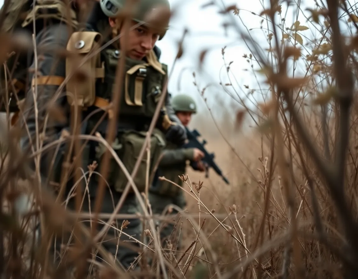 This macro shot captures the intricate details of tactical gear placed within a natural habitat. The overcast sky provides a soft, diffused light that gently illuminates the textures of the gear and surrounding foliage. The shallow depth of field draws attention to the soldier's equipment, highlighting the ruggedness and functionality of each piece. Framed by the disturbed brush, the composition creates an immersive atmosphere that showcases the harmony between gear and environment.