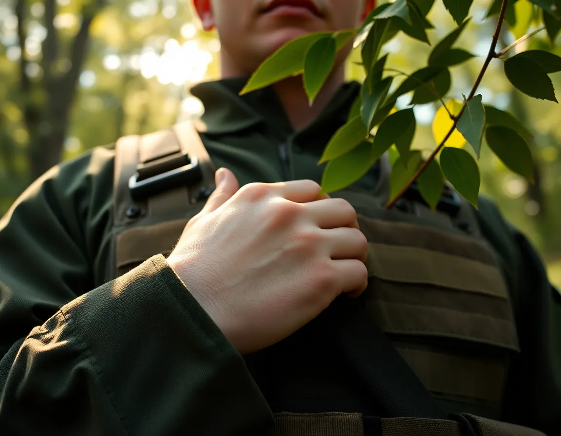 In a serene forest setting, a close-up captures a soldier's hand intricately adjusting their tactical vest. The soft natural light filters through the leaves, creating a warm atmosphere that highlights the texture of the fabric and the soldier’s skin. The shallow depth of field blurs the background, allowing the viewer to focus on the detailed actions of the soldier. The warm color palette adds an inviting tone to the scene while maintaining its military context.