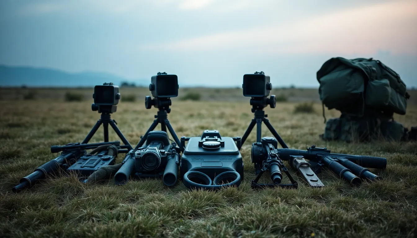 At dawn, a beautifully arranged set of military gear lies on a grassy area, illuminated by the soft diffused light. The cool blue undertones of the early morning create a serene backdrop, while the hyperfocal depth ensures every detail of the equipment is crisp and clear. The symmetrical composition draws the viewer's attention to the meticulously displayed items, showcasing their texture and the signs of wear from extensive use. This image captures both the functionality and the essence of military life.