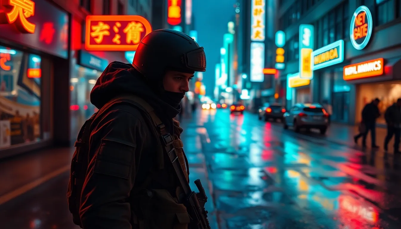 This captivating urban scene features a soldier standing confidently against a backdrop of neon-lit city streets. The reflections on the wet pavement create an electrifying atmosphere, while the cinematic teal and orange grading adds a modern twist. The centered composition directs attention to the soldier's urban military gear, showcasing its ruggedness in a vibrant setting. The sharply detailed medium format captures the intricate textures, immersing the viewer in this dynamic scene.