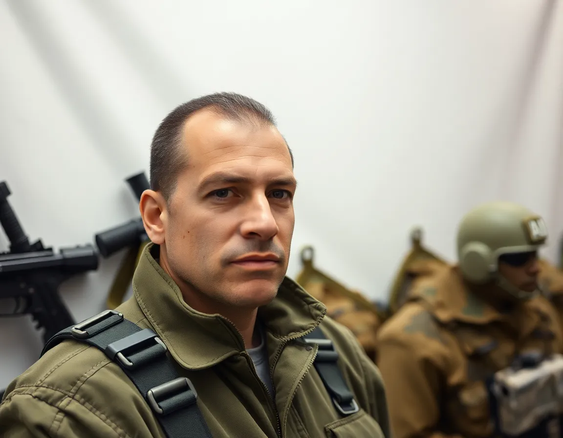 A meticulously arranged display of military gear showcases various textures and materials under soft studio lighting. The even illumination accentuates the intricate fabric patterns and metallic finishes, inviting the viewer to appreciate the details. The warm color palette evokes a sense of craftsmanship and precision. This image captures the essence of military preparedness with a focus on the gear.