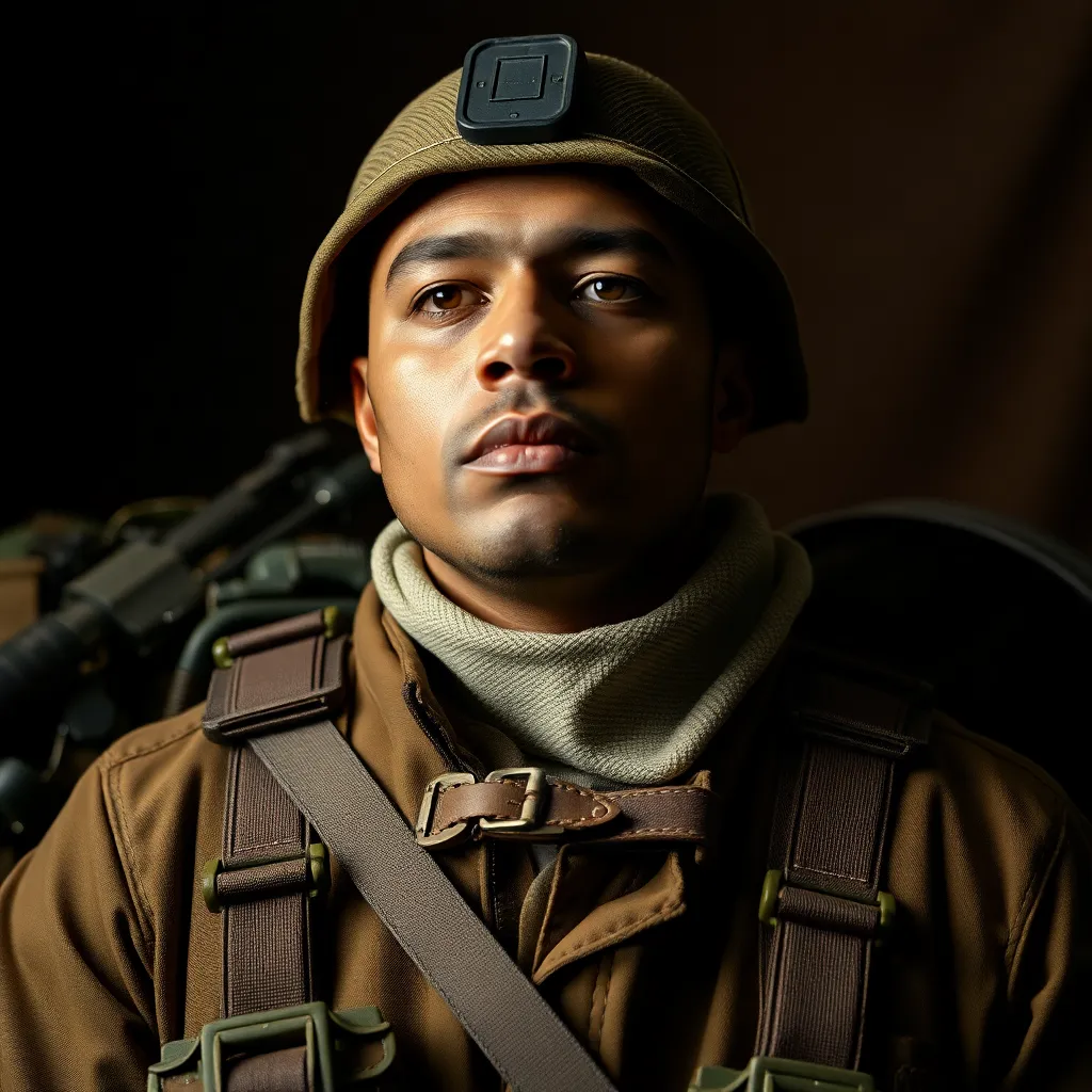 A striking close-up showcases an array of military gear, dynamically arranged to highlight the intricate textures and craftsmanship of each piece. The studio lighting enhances colors and shadows, resulting in a warm and inviting feel. The focus on the gear, with the soldier subtly blurred in the background, emphasizes the dedication and artistry behind military equipment.