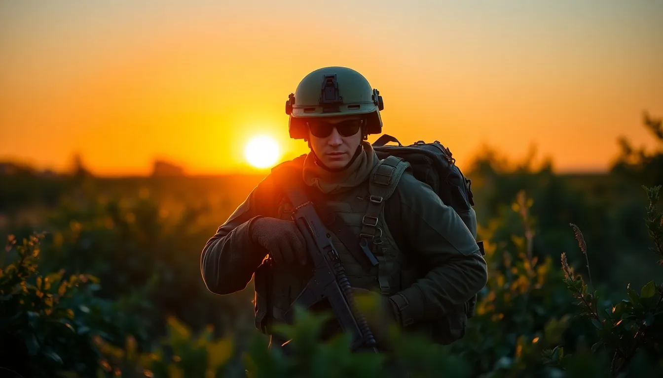 This striking image features a soldier standing in a defensive posture with gear prominently displayed against a vibrant golden sunset. The warm rim lighting accentuates the contours of the camouflage patterns, while the rich, saturated colors give a dramatic effect to the overall scene. The composition's symmetry adds to the soldier's imposing presence, creating a sense of strength and readiness. This image encapsulates the spirit of determination in military service.
