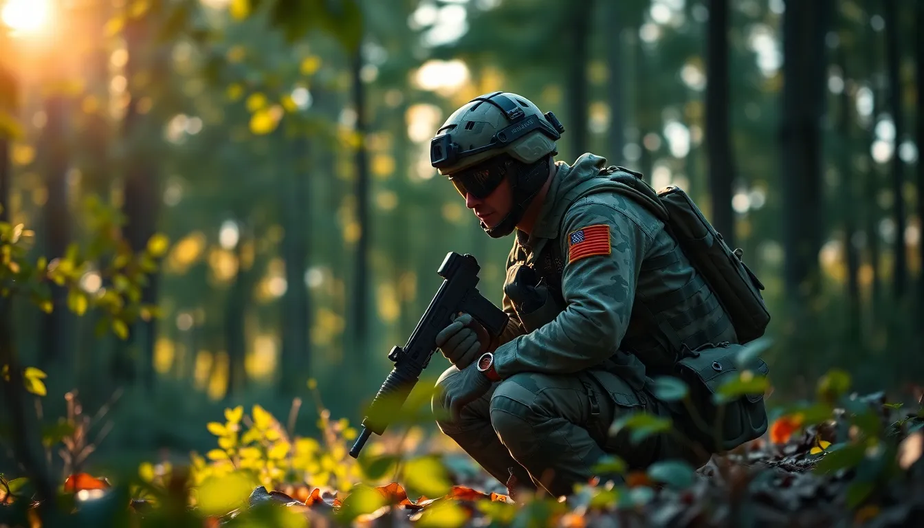 A soldier in modern camouflage gear is crouched in a vibrant forest during golden hour, with dappled sunlight creating an enchanting atmosphere. The rich greens and browns of nature contrast with the intricate pattern of the camouflage, showcasing its effectiveness. The composition follows the rule of thirds, drawing the viewer's eye to the soldier while the background beautifully melts into soft bokeh. The warm light enhances the textures of the uniform and the natural surroundings, creating a striking image.