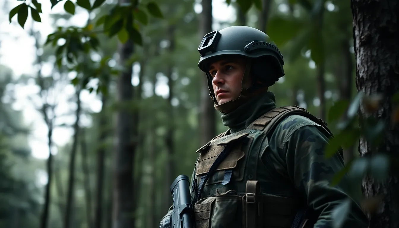 A soldier equipped with tactical camouflage gear stands alert in a dense forest, surrounded by verdant trees and undergrowth. Overcast lighting diffuses through the canopy, creating a serene yet serious atmosphere. The soldier's attire, composed of intricately patterned fabric, allows them to blend seamlessly with nature. This photorealistic image captures the essence of military stealth and adaptation to the environment.