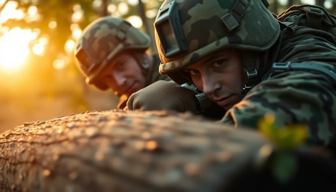 A soldier in full camouflage gear crouches behind a log in a lush forest during early morning. The soft golden light casts a warm glow over the scene, highlighting the intricate details of the soldier's gear and the texture of the natural surroundings. The depth of field draws focus to the soldier while softly blurring the background, creating a sense of immersion in their environment. The muted color palette reflects the earthy tones of the forest, enhancing the camouflage effect.