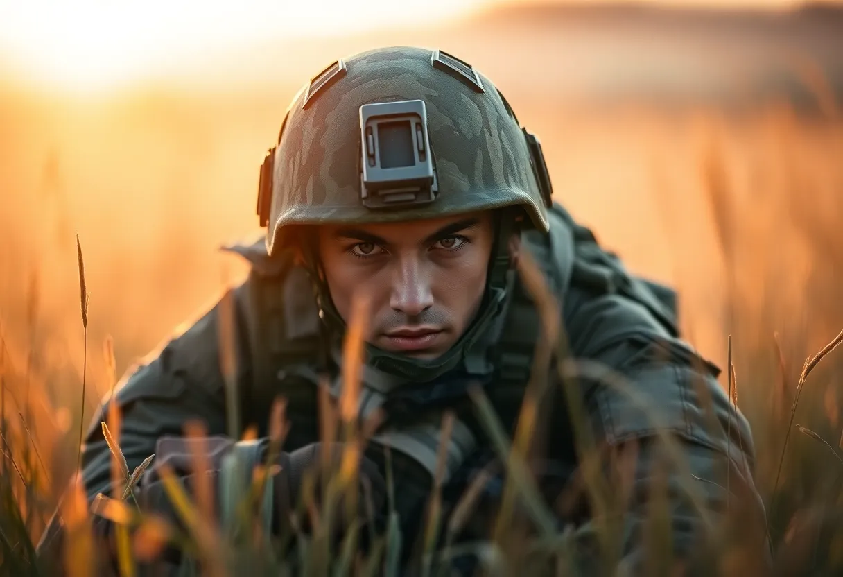 A soldier wearing a camouflaged helmet and gear crouches in the tall grass, illuminated by the warm golden hues of the evening sun. The selective focus on his determined eyes captures a moment of focus before action. Rich tones of gold and soft greens create a visually striking contrast, evoking a sense of tranquility amidst tension. The centered composition elevates the soldier’s presence in nature, inviting viewers to appreciate the coexistence of military and environment.