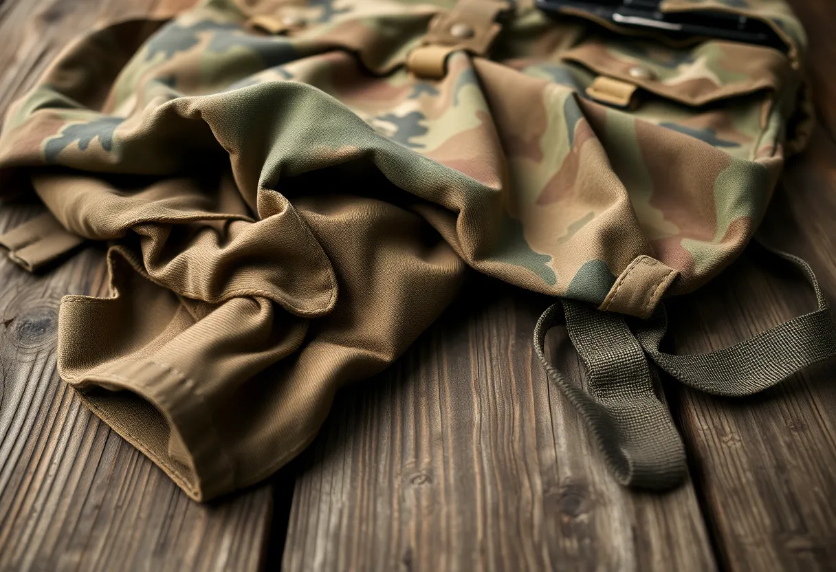 Camouflage Gear on Rustic Table
