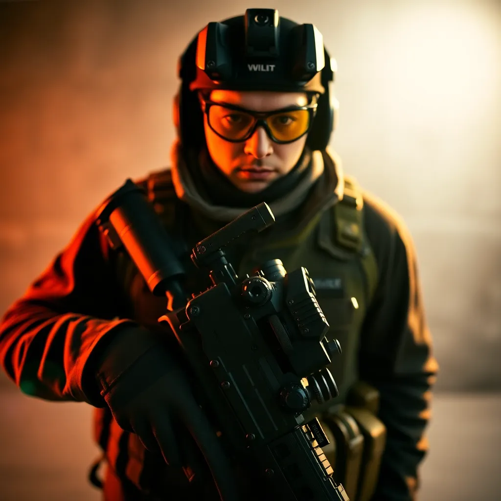 A macro shot reveals the intricate features of tactical military gear, showcasing textures and materials in stunning detail. Warm tungsten lighting enhances the subtle variations in fabric and metal, while the soft bokeh background draws attention to the gear’s craftsmanship. The image combines depth and clarity, showcasing the importance of quality in military equipment.