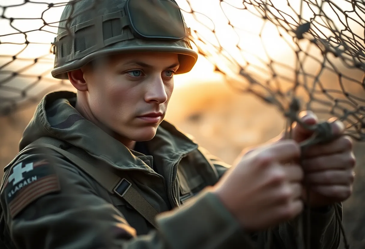 At dawn, a soldier meticulously ties camouflage netting, immersed in the tranquil morning light. The soft, diffused illumination from the rising sun bathes the scene in warmth, highlighting the soldier's focused expression and the texture of the netting. Leading lines created by the netting draw the viewer's attention, encapsulating a moment of preparation before action.