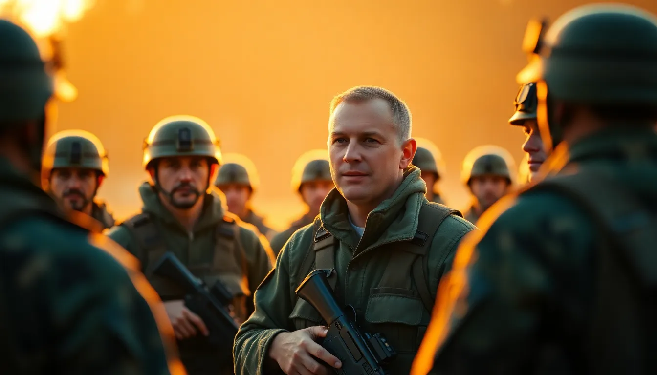 A dynamic scene of soldiers in a tactical formation during golden hour, with warm lighting highlighting their camouflaged uniforms. The leader, sharply focused, commands attention while the rest of the team blends into the soft background. The image captures a sense of unity and readiness, with the cinematic color grading enhancing the emotional impact. This photorealistic moment showcases the essence of military teamwork and strategic preparation.