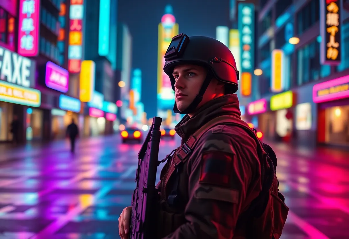 In a dramatic urban setting, a soldier is captured in a patrol stance, illuminated by the neon signage reflecting vibrant blue and magenta hues onto the wet pavement. The cinematic teal and orange color grading enhances the warmth of the soldier's skin tones, creating a striking contrast with the cool city lights. With a shallow depth of field, focus is drawn solely to the soldier, while the rest of the cityscape melts into a soft, dream-like bokeh. The composition follows the rule of thirds, adding tension and intrigue to the scene.