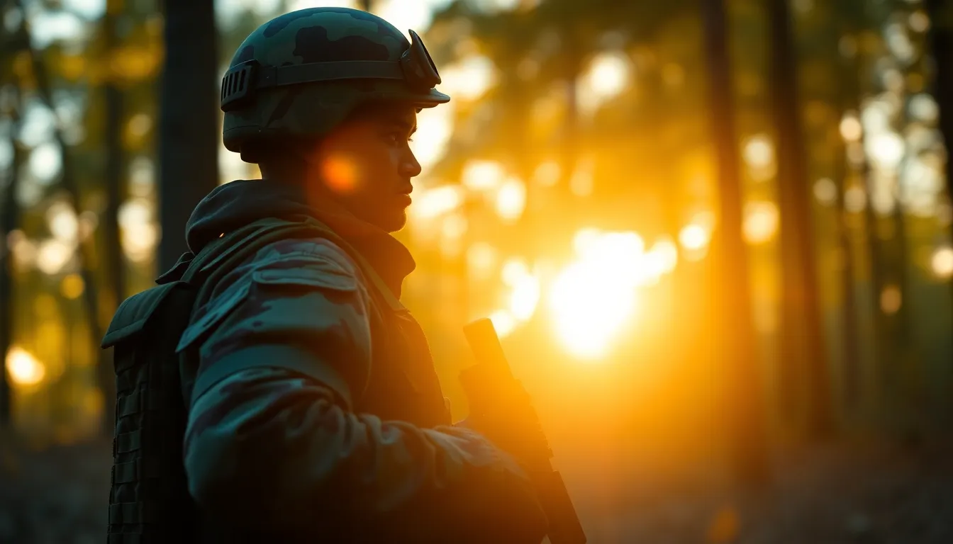 A soldier stands at attention in a lush forest, wearing advanced camouflage gear blending seamlessly with the surroundings. The warm glow of the golden hour highlights the intricate textures of the fabric, while a blurred background creates a striking focus on the subject. The scene conveys both action and tranquility, with deep greens and earthy tones complementing the military aesthetic.