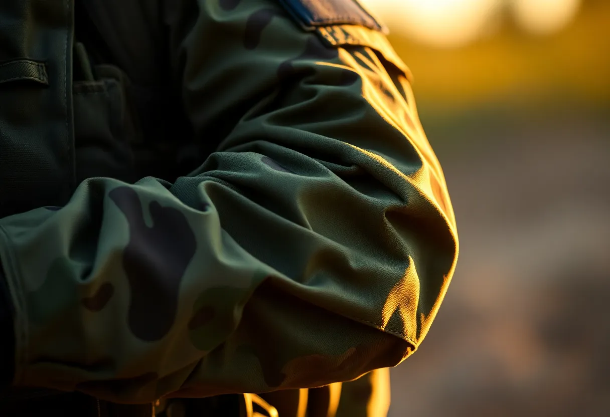 This striking close-up image showcases a soldier's arm adorned in detailed combat gear, emphasizing the intricate camouflage patterns. The warm golden hour light beautifully highlights the fabric textures, adding a sense of realism and depth. The shallow depth of field draws the viewer's eye to the soldier's gear, illustrating the rugged functionality of military attire. The overall composition and color scheme convey a strong sense of readiness and determination amidst the chaos of a military environment.