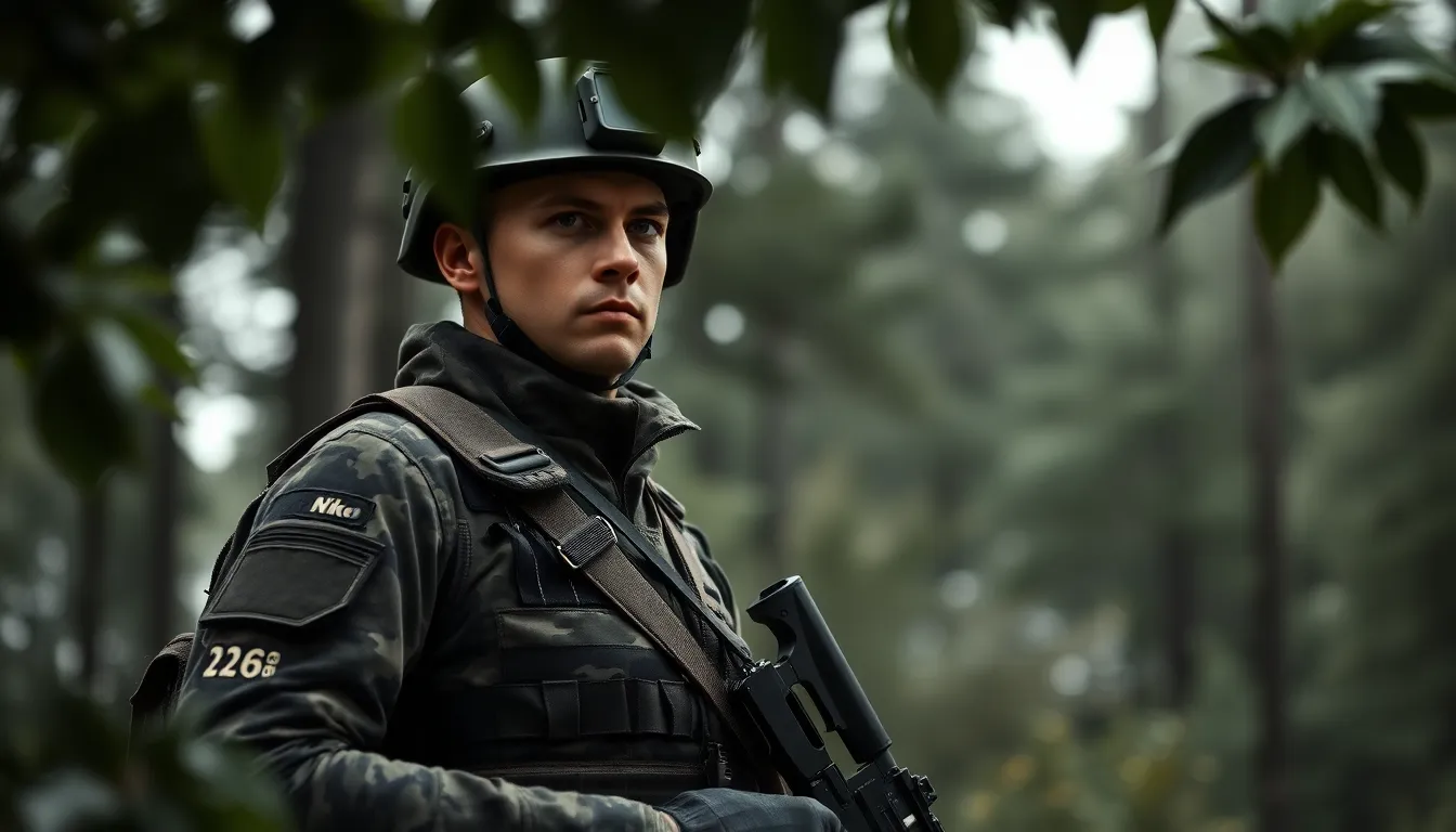 A soldier stands in a dense forest dressed in digital camouflage gear, showcasing the intricate patterns and textures of his outfit. The muted greens and grays of the environment harmonize with his attire, creating a seamless blend into the natural surroundings. His expression is focused, reflecting the seriousness of a military operation. The composition emphasizes his stature, with textured leaves framing him, enhancing the sense of depth in this atmospheric scene.