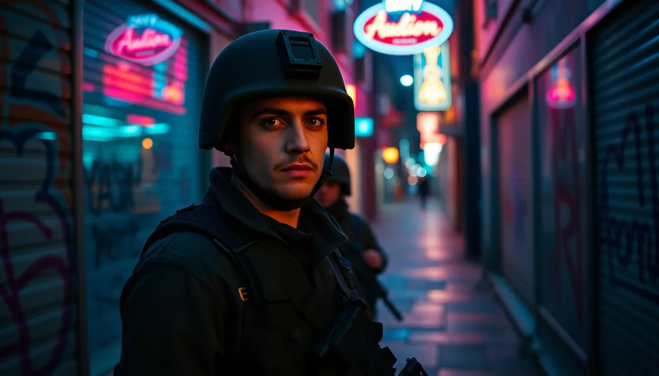 A soldier stands near the water’s edge at twilight, their serious expression captured in sharp focus against a softly blurred background. The ambient light provides a gentle glow, reflecting off the water and casting subtle shadows across their face. The muted tones of the camouflage blend with the dusk sky, creating a striking contrast that emphasizes the soldier's resolve. The composition adheres to the rule of thirds, enhancing the visual impact of the portrait.