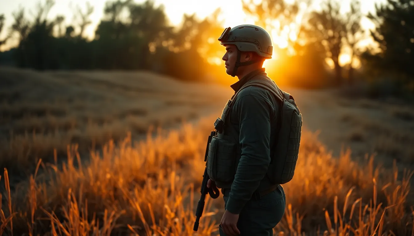 A soldier stands silhouetted against a warm golden hour backdrop, the sunlight casting a soft glow around them. The earthy tones of the tactical gear harmonize with the sunlit grass, creating a serene yet powerful scene. The composition emphasizes the soldier's profile, highlighted by the dappled light filtering through the trees. This moment captures both strength and tranquility in the military experience.