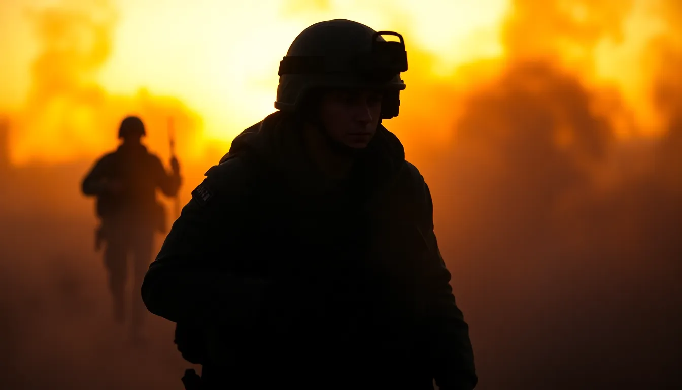 Soldier in Smoke-Filled Battlefield A striking image of a soldier maneuvering through a smoke-filled battlefield at dusk, captured in dramatic lighting. The golden hour backlighting enhances the soldier's silhouette against the haze, while rich, saturated colors evoke the chaos of conflict. The use of hyperfocal depth of field sharpens the soldier while the surrounding smoke gently blurs, creating a sense of depth. The leading lines of the smoke draw viewers' attention towards the soldier, conveying urgency and tension in this poignant military scene.