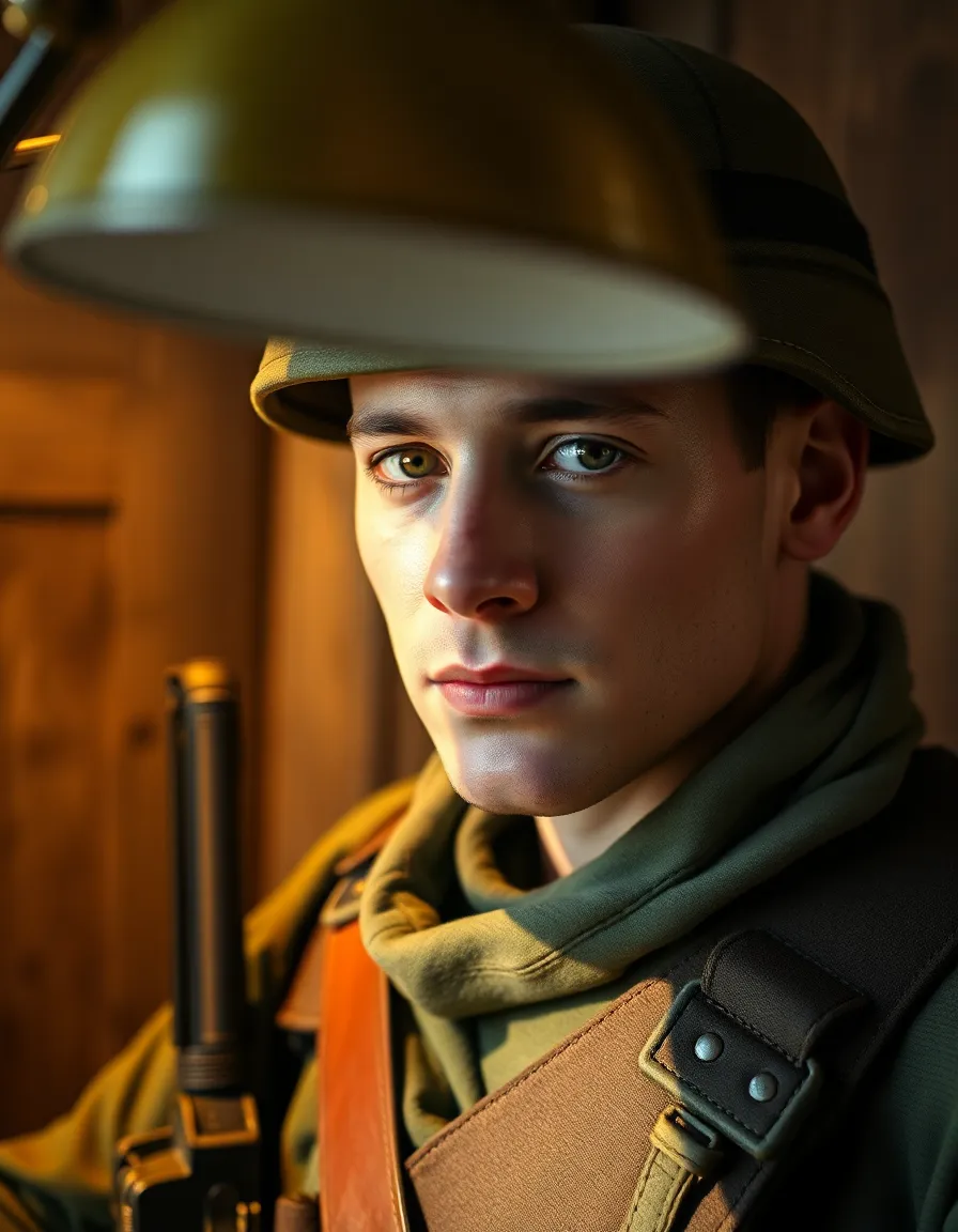 This intimate portrait captures a soldier in tactical gear, illuminated by the warm glow of a desk lamp. The shallow depth of field isolates the subject from the background, drawing attention to both the soldier's determined expression and the intricate textures of the tactical equipment. Rich, warm colors enhance the atmosphere, offering a glimpse into the world of military preparation and resilience. The composition highlights the interplay of light and shadow, creating a powerful image.