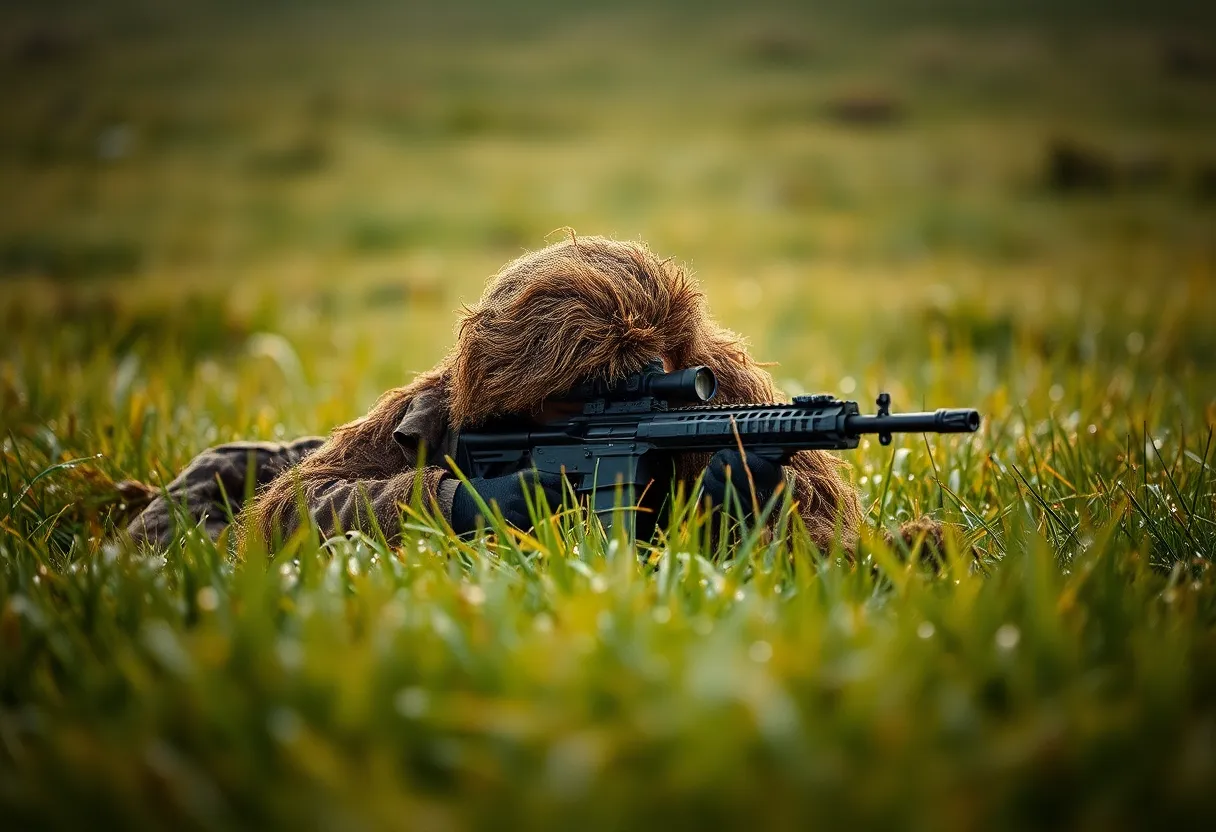 In this stunning image, a sniper is impeccably camouflaged in a ghillie suit, lying low in a dew-kissed grassy field. The soft light of an overcast morning enhances the earthy tones and textures of both the suit and the environment. Capturing intricate details, this shot retains sharpness on the sniper while providing a beautiful bokeh effect around the edges. The central composition facilitates a direct focus on the sniper's stealth and skill in blending with nature.
