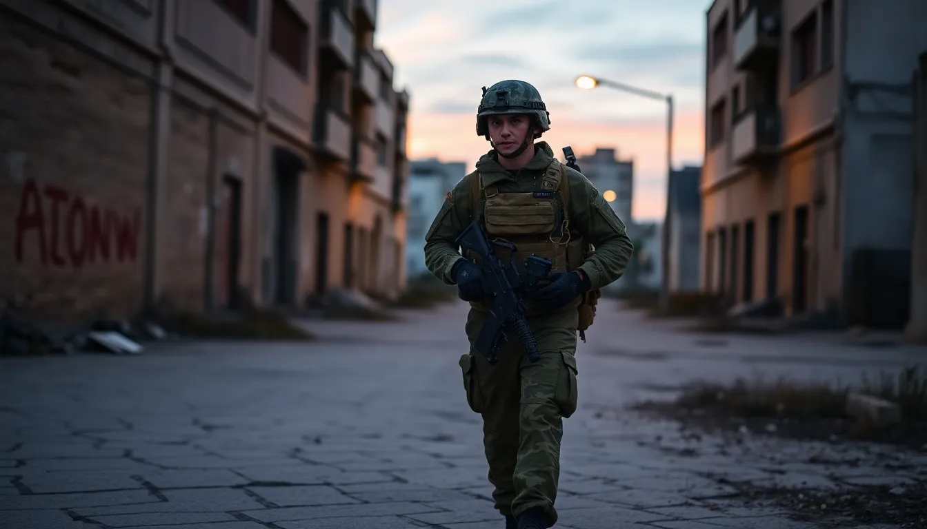 In a haunting urban landscape at twilight, a soldier walks through abandoned streets, showcasing tactical camouflage gear that integrates seamlessly with the cracked concrete around. Soft shadows from nearby street lamps create a moody atmosphere, while the shallow depth of field allows the background to dissolve into a dreamy bokeh. The natural muted tones combined with twilight hues evoke a sense of calm amidst decay. The rule of thirds composition guides the viewer's eye to the soldier, symbolizing resilience in challenging environments.