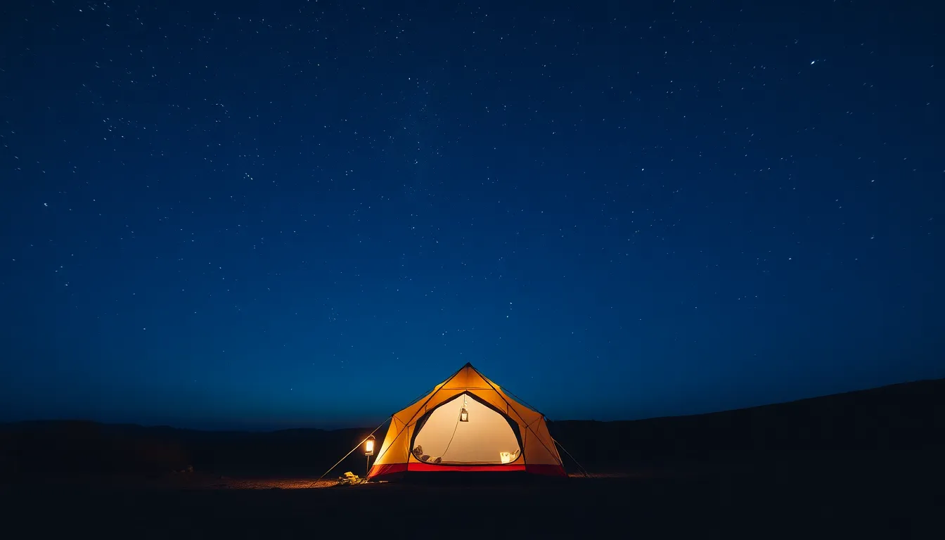 Starry Night Camping Scene An enchanting campsite bathed in the glow of lanterns, set against a stunning starry night sky. The illuminated tent stands as a warm beacon amidst the cool, dark hues of twilight. Each twinkling star contributes to the magical feel of this tranquil outdoor experience, inviting viewers to imagine a night spent under the cosmos. This serene composition captures the beauty of nature at night, with rich color contrasts enhancing the overall atmosphere.