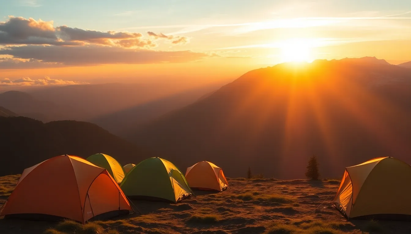 This stunning image captures the beauty of a mountain campsite at sunrise, where warm golden light spills over the tents as sun rays break through the clouds. The sharp focus on both the foreground and distant peaks creates a sense of vastness and tranquility. The soft pastel colors of the sky contrast with the solid presence of the mountains, evoking feelings of peace and adventure in nature. This scene represents the perfect morning for any camping enthusiast.