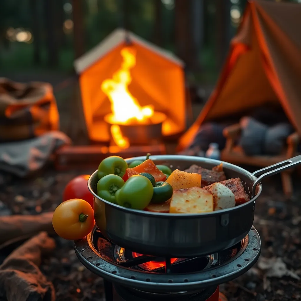 This captivating close-up image features a camping meal being expertly prepared over a portable stove amidst the woods. The warm glow of the stove highlights fresh vegetables and sizzling meats, inviting the viewer to savor the moment. The rich colors and intricate textures of the ingredients emphasize the delight of outdoor cooking, embodying the essence of a camping experience.