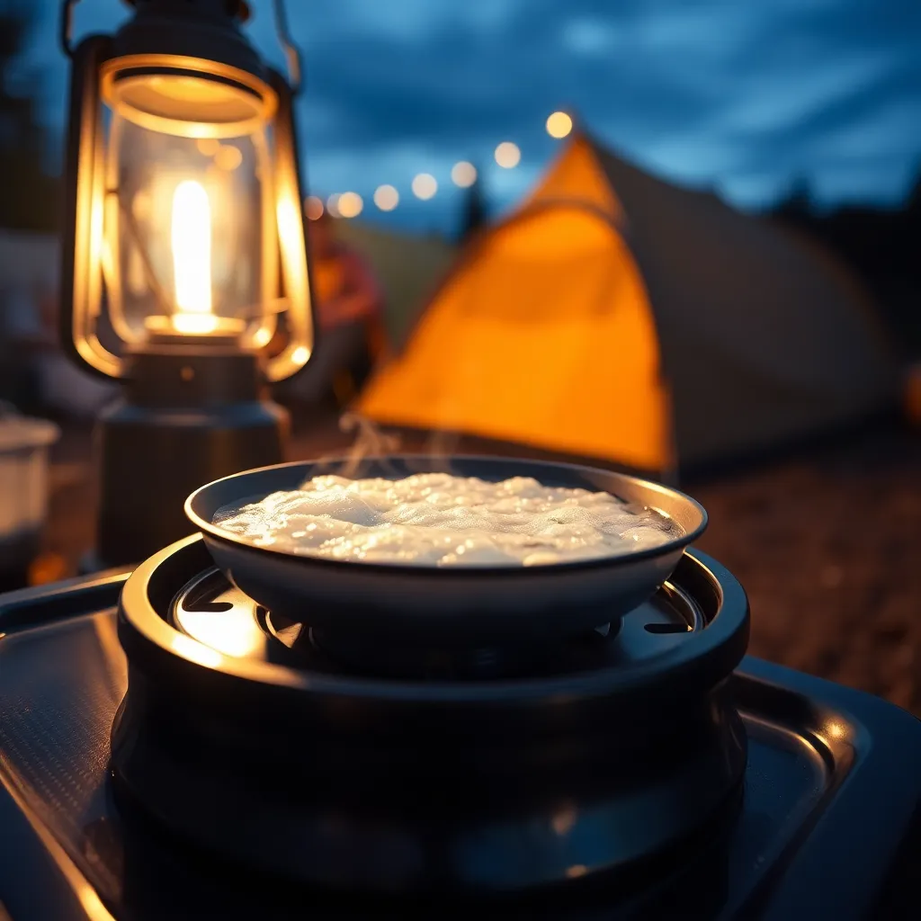 This image features a close-up of a camping stove with water bubbling on it, illuminated by the warm light of a nearby lantern. The cozy glow brings a sense of warmth and comfort to the scene, set against a softly blurred outdoor nighttime backdrop. The reflective metallic surface of the stove contrasts beautifully with the dark surroundings. This moment captures the simple joys of cooking in nature, enhancing the camping experience.
