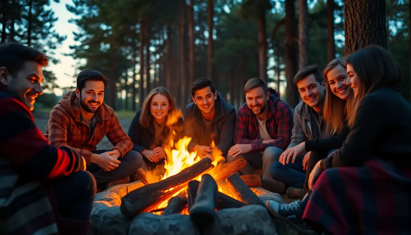 This image captures a warm and inviting campfire scene, with friends sharing laughter and stories under a twilight sky. Soft golden light from the flames casts a warm glow on their faces, contrasting beautifully with the deep blue hues of dusk. The cozy atmosphere is enhanced by blankets and the surrounding pine trees, providing a sense of adventure and camaraderie in nature. The use of selective focus highlights the subjects while gently blurring the background, drawing attention to the intimate moment.