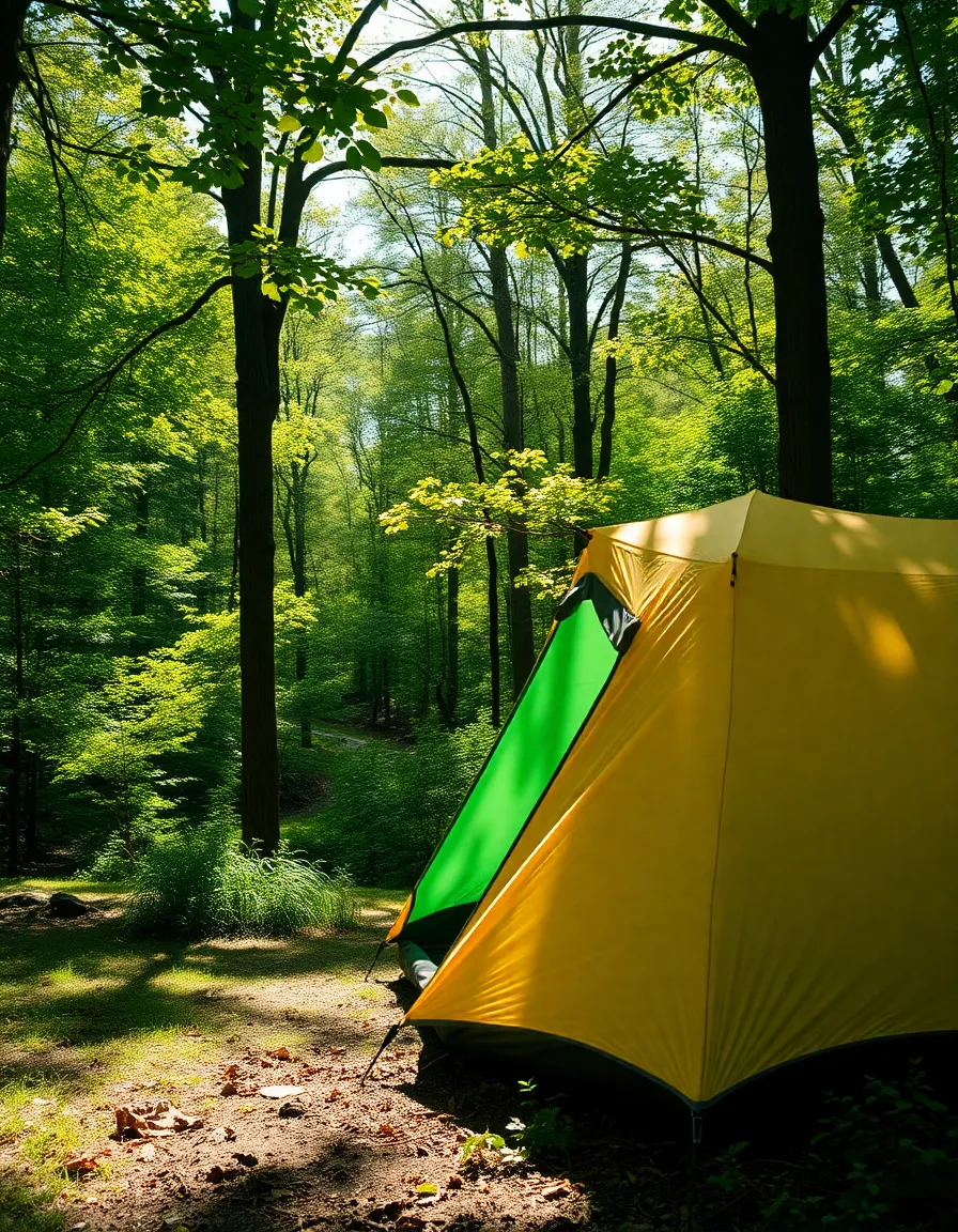 This inviting image features a cozy camping tent nestled in a vibrant wooded area, illuminated by dappled sunlight. The playful patterns on the tent and surrounding foliage evoke a sense of adventure and tranquility. Rich greens and earthy browns create a harmonious natural palette, inviting the viewer to imagine themselves in this peaceful outdoor retreat. The composition draws the eye towards the inviting entrance of the tent, suggesting exploration and relaxation.