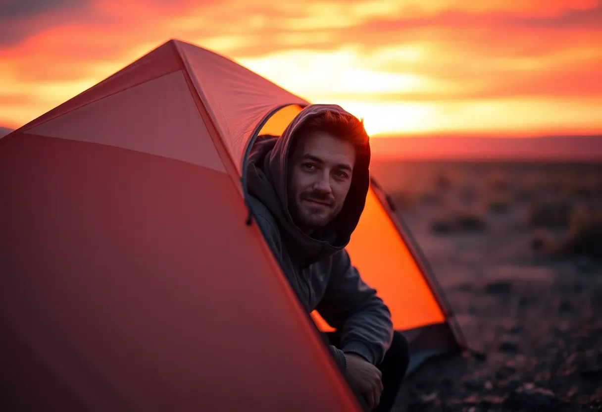 Amidst a breathtaking sunset, a solo camper diligently sets up their tent, silhouetted against the vibrant sky. The dramatic colors create an emotional backdrop, evoking a sense of solitude and adventure. This image captures the essence of camping and the beauty of nature, with rich textures and a striking composition that invites viewers to embrace the outdoor lifestyle and adventure.
