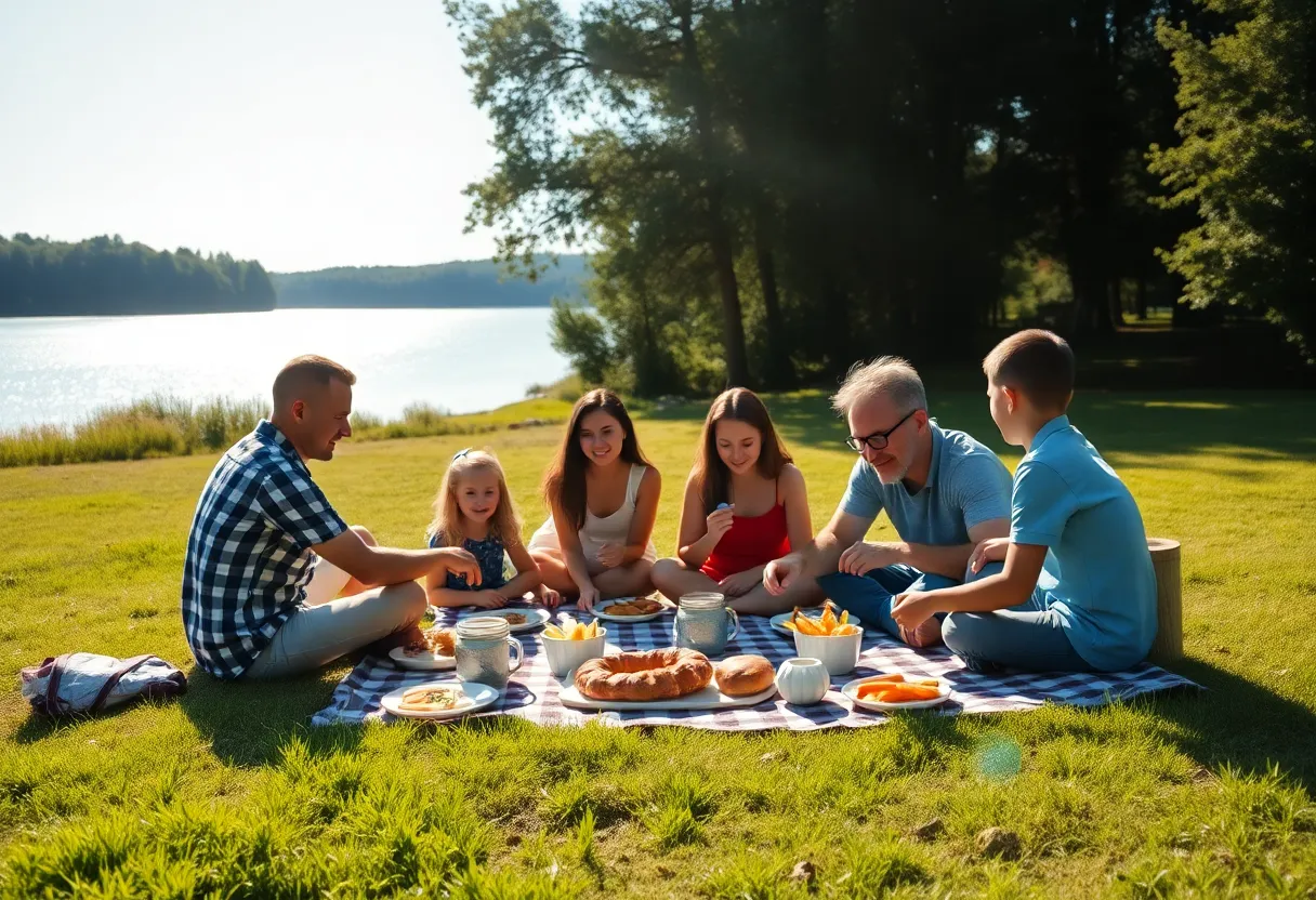 This delightful image captures a family enjoying a sunny picnic by a serene lake, surrounded by lush greenery. The bright midday light enhances the vibrant colors of the picnic blanket and food, while reflections dance on the water's surface. The shallow depth of field draws attention to the joyful expressions of the family members as they savor their time outdoors. This scene embodies the essence of family bonding and the joy of camping near the water.