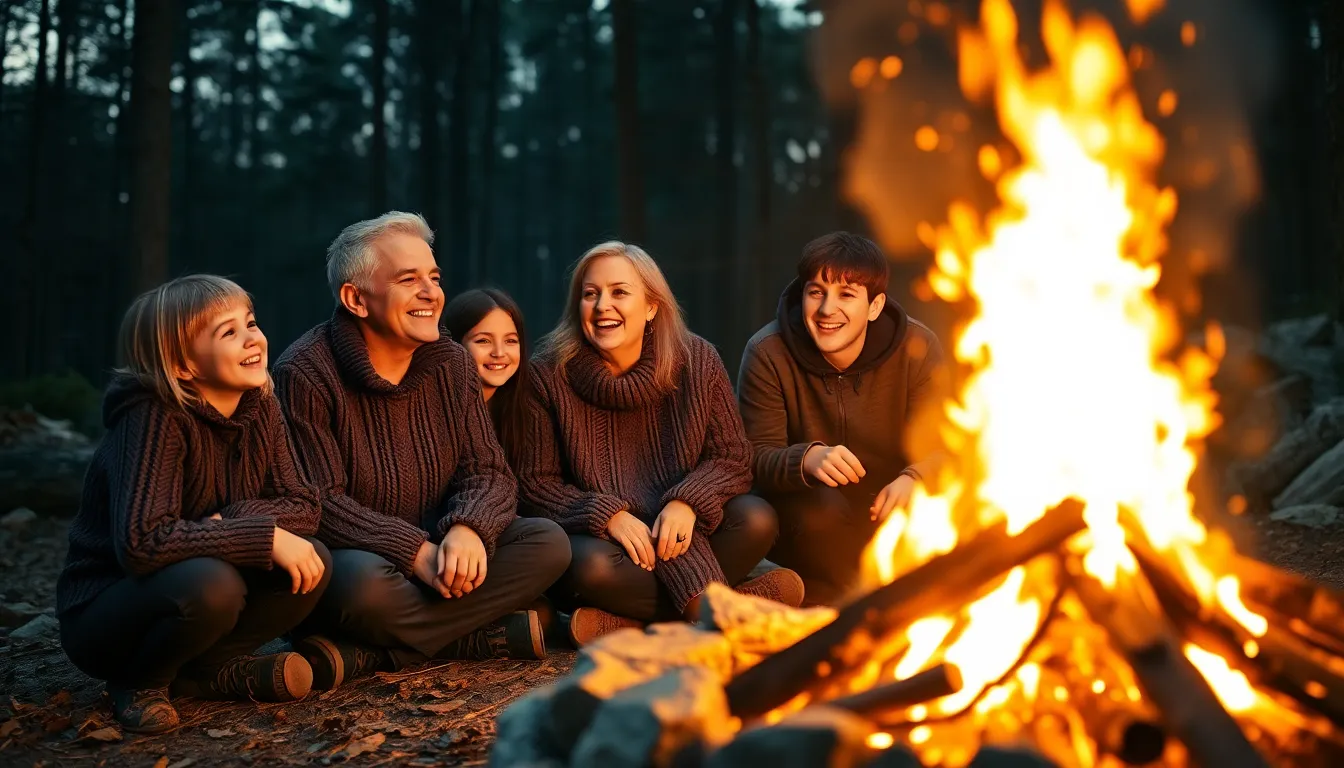 This heartwarming image captures a family enjoying a campfire under the twilight sky. The flickering warm light illuminates their joyful expressions, creating a cozy atmosphere among the serene woodland backdrop. The contrasting textures of the fire, forest floor, and knitted sweaters add depth to the scene, inviting the viewer into this intimate camping moment. Natural muted tones enhance the peaceful feel of the evening.