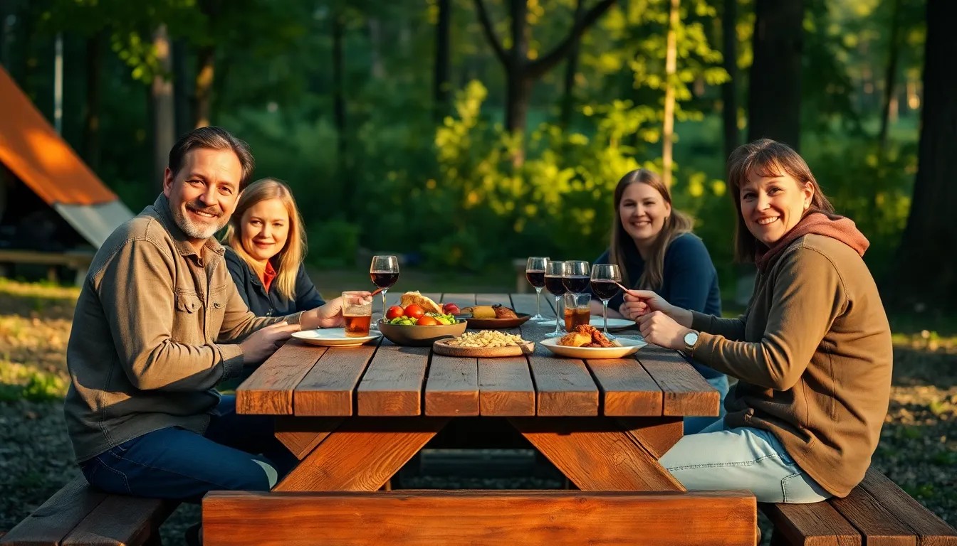Family Picnic at Campsite A joyful family enjoying a picnic at their campsite, gathered around a rustic wooden table filled with delicious food. The warm afternoon light creates an inviting atmosphere, highlighting their smiles and the colorful dishes laid out before them. Surrounded by lush greenery, this scene captures the essence of family bonding in nature. The texture of the wooden table and the vibrant food details add depth to the image.