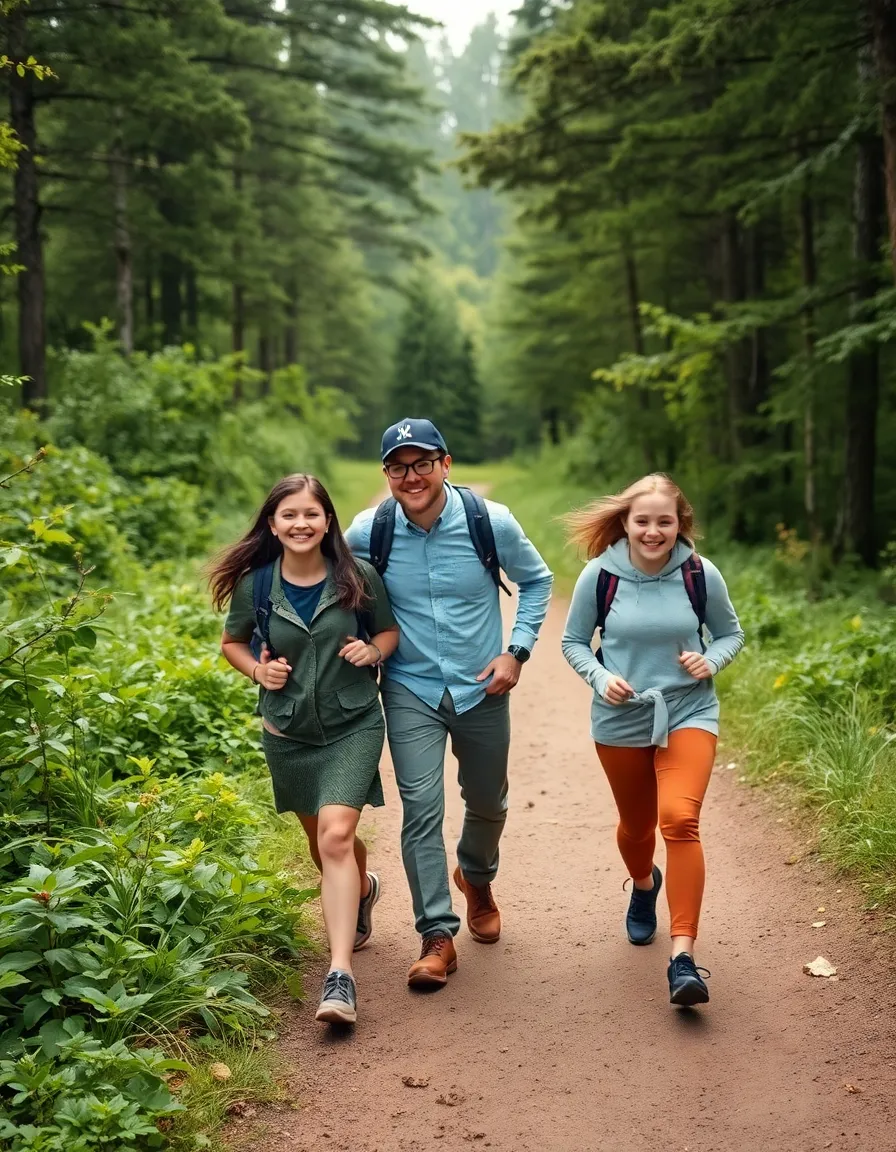 This vibrant image captures a joyful family of four hiking along a forested trail on an overcast day. Their laughter and excitement are palpable as they explore the lush greenery around them, illuminated by the soft, diffused daylight. The natural and muted colors evoke a sense of tranquility and connection with nature, while the focus on their happy expressions invites viewers to share in this adventure. The composition effectively highlights the path they are journeying, symbolizing exploration and family bonding.